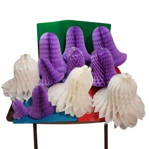 10 Vintage Hallmark Paper Honeycomb Bells For Bridal Wedding Purple White 1980s